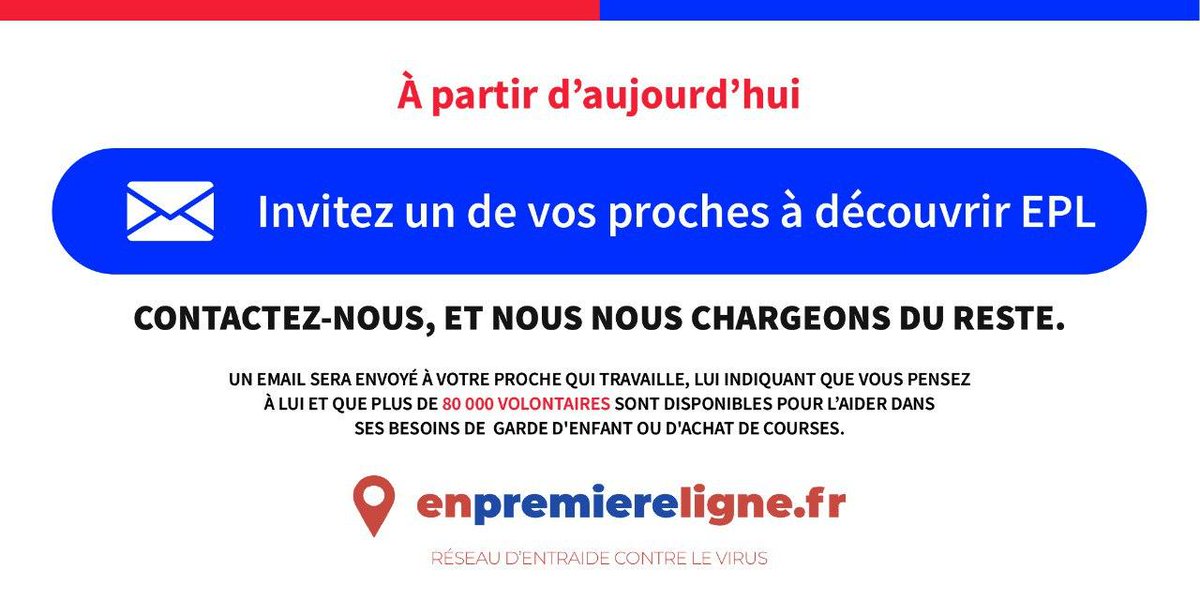 ⚠️ Vous avez un proche en première ligne ? (Soignant, alimentaire, livraison, …)

Prévenez-le ou la, sur enpremiereligne.fr/invite, l’un de nos 80 000 bénévoles peut l’aider à faire ses courses ou garder ses enfants.

#COVIDー19 
#SolidariteCOVID19