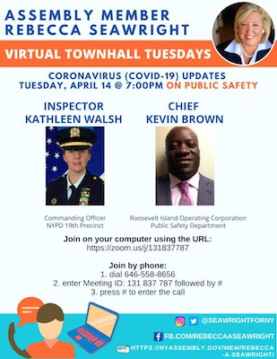 Roosevelt Island Assembly Member Rebecca <a href="/SeawrightForNY/">Assembly Member Rebecca Seawright</a> Hosting Public Safety Zoom Virtual Town Hall Meeting Tonight, April 14, With <a href="/RIOCny/">Roosevelt Island Operating Corporation</a> PSD Chief Kevin Brown And <a href="/NYPD19Pct/">NYPD 19th Precinct</a>  Inspector Kathleen Walsh - You're Invited To Join The Town Hall
rooseveltislander.blogspot.com/2020/04/roosev…