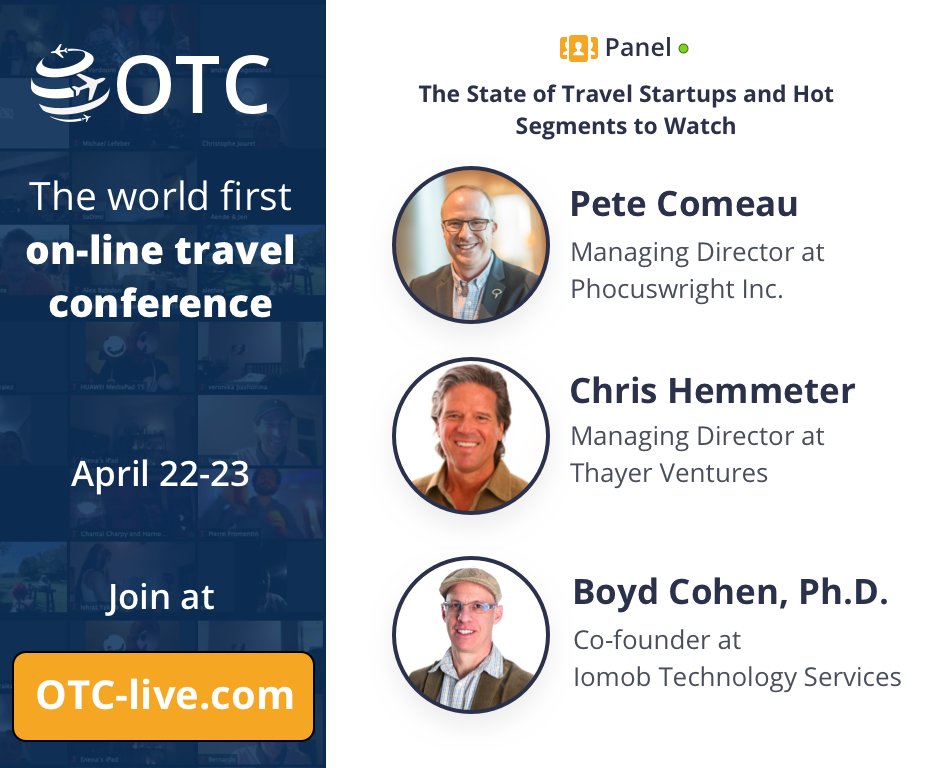 EXCITED! We are happy to announce this amazing, tech-oriented panel about "The State of Travel Startups and Hot Segments to Watch" by <a href="/Phocuswright/">Phocuswright</a>  

Moderated by <a href="/pwcomeau/">Pete Comeau</a> with <a href="/chrishemmeter/">Chris Hemmeter</a>
from Thayer Ventures and <a href="/boydcohen/">Boyd Cohen</a> from <a href="/iomob_net/">Iomob - The Internet of Mobility</a>.

More - otc-live.com
