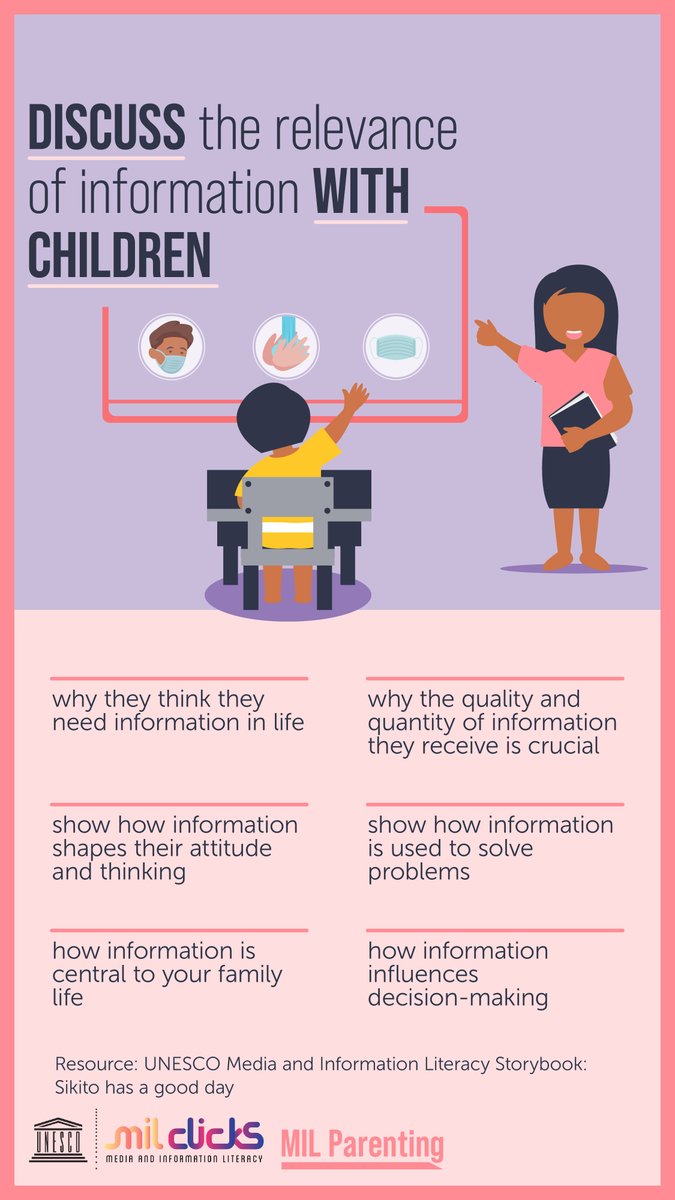 Information about #COVID19 is overabundant. Quality information keeps us updated on the evolution of the pandemic and how to stay safe.

🔑Parents/guardians must let children know why information is central to our lives. #MILCLICKS #ThinkBeforeSharing