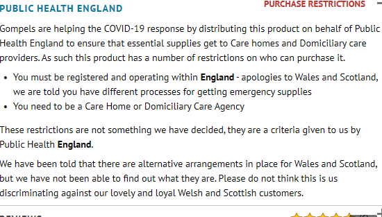UK Govt says Public Health England didn't 'gazump' Wales on tests and isn't blocking Welsh care homes from buying PPE. Yet this is the message you see right now if you try and buy face masks from the UK's main supplier. Someone is not being straight with us.