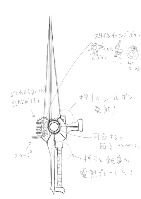 名前:シャルル・アサマイト種族:ヴァンパイアクラス:アサシン使用武器:可変式レールガン好きなもの:ネコ嫌いなもの:細かいこと武器を考えた時のラフ貼っときます。ブーツのデザインはよく思いついたなと思ったんですけど…どうですかね? 