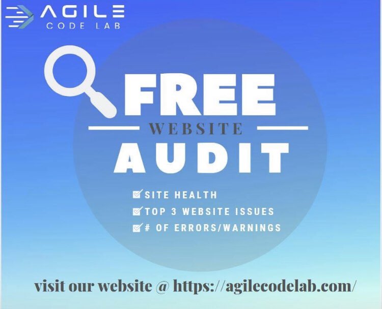 AgileCodeLab's tweet photo. Auditing your website can determine whether or not it's optimized to achieve your traffic goals, and if not, how you can improve it to increase performance.

visit our website today @ https://t.co/vZK5pYyocM and click the 
"Get Your Free Website Audit" to get a FREE report today. https://t.co/OYFMXpHDUy