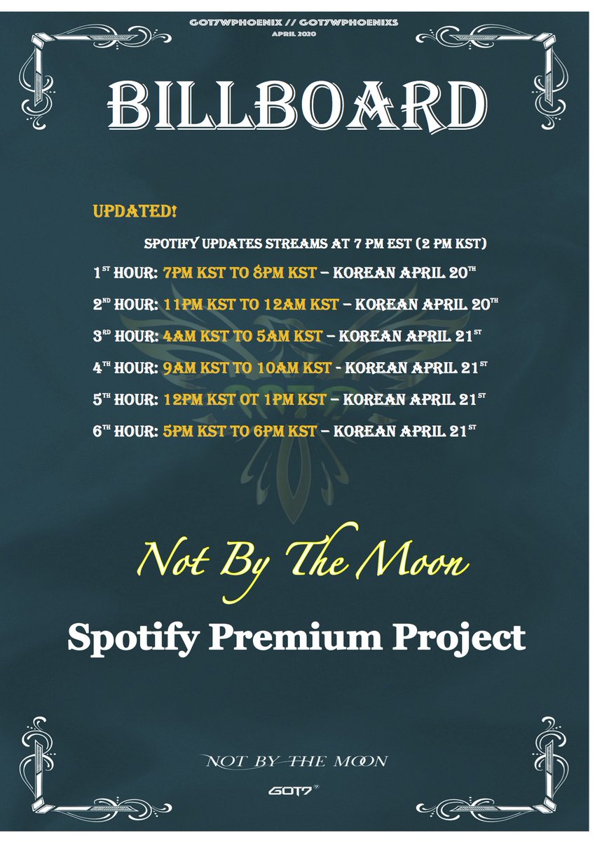 [ #GOT7_NOTBYTHEMOON Spotify PREMIUM Project]ThreadMASTER PLAN with UPDATED TIME!I have organised 6 mass streaming session in case you can't join for one of them. They are all planned in KOREAN time, so make sure to check the time in your country.  #GOT7  @GOT7Official
