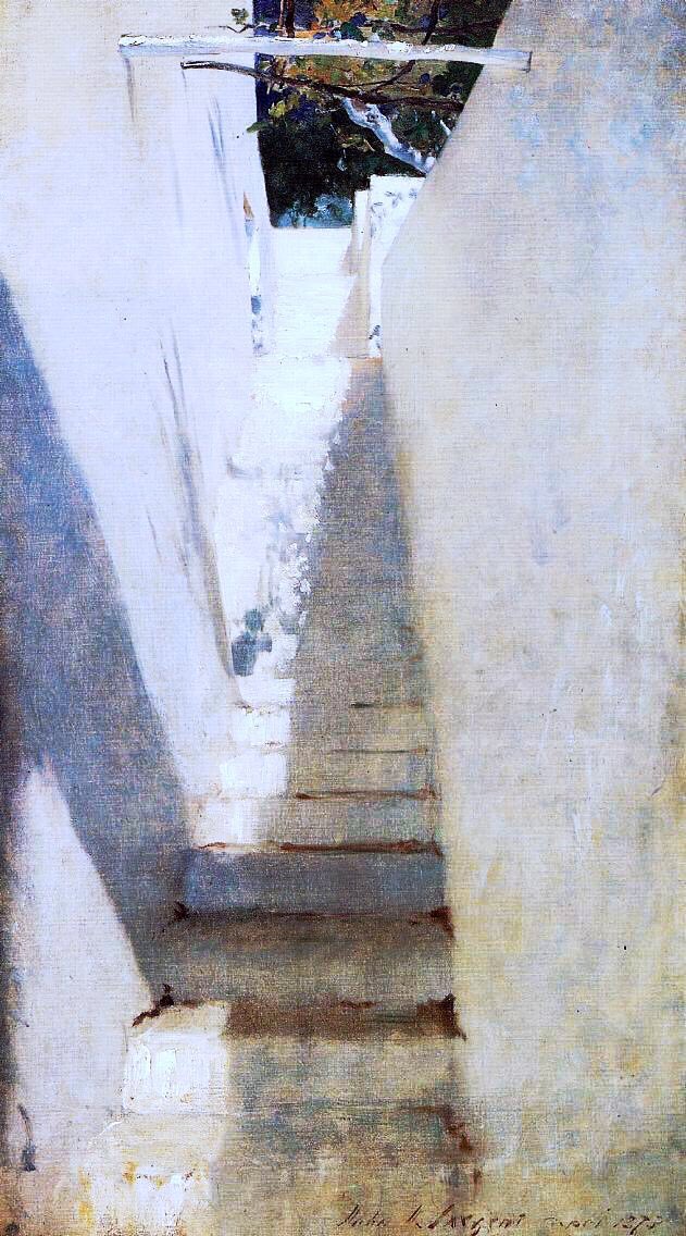 The works in this thread are generally for the artist’s own enjoyment & study. A theme that interested him was reflected light on white walls - a complex & challenging task. Wineglasses (c1875), Atlantic Sunset (c1876-7) & Staircase in Capri (1878)