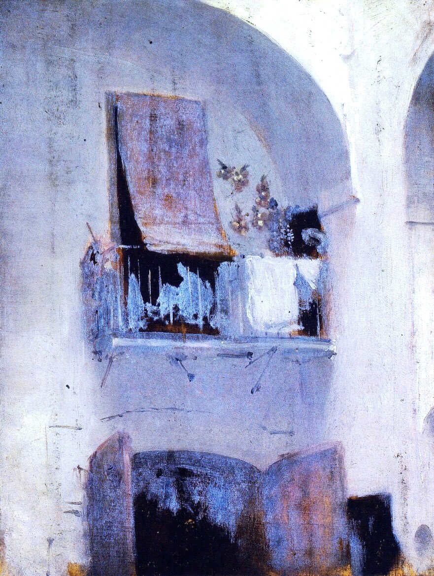 Here we see two more of his white wall studies. By contrast here is a colourful garden in evening light. Corner of a Garden (c1879), The Balcony (c1879-80) & Entrance to a Mosque (1880)