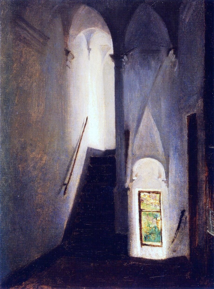 Adding to the complexity of understanding the effects of light on white walls are his interest in contrast between direct & indirect light. Interior with Stained-Glass Window (c1880), A Moroccan Street Scene (1880) & Staircase (c1878-80)