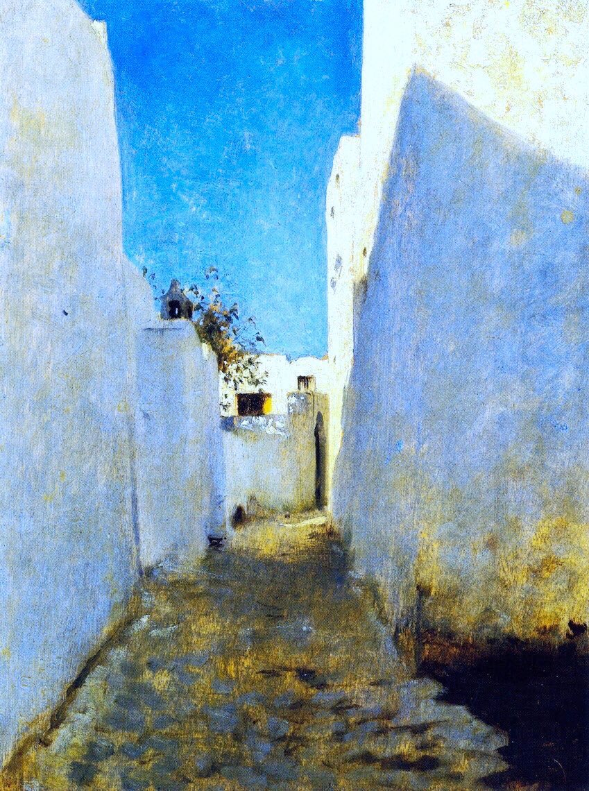 Adding to the complexity of understanding the effects of light on white walls are his interest in contrast between direct & indirect light. Interior with Stained-Glass Window (c1880), A Moroccan Street Scene (1880) & Staircase (c1878-80)