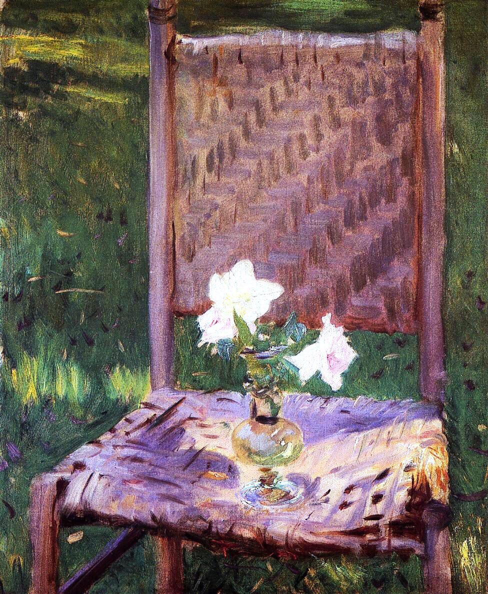 He had a superb eye. To place flowers on a battered chair, to observe a perfect composition & to understand how the flowers would be translucent yet the chair absorbent of light is genius. The Old Chair (1886), Poppies (1886) & At Calcot (c1882)