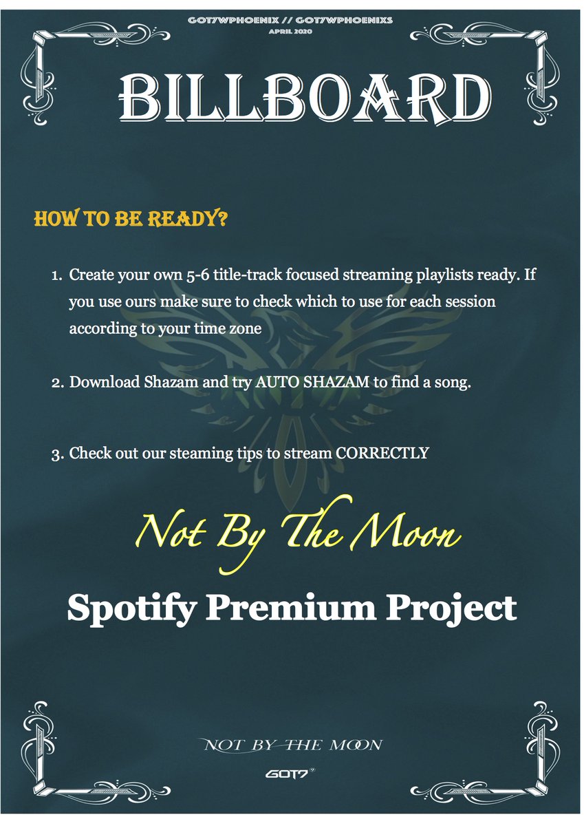 [ #GOT7_NOTBYTHEMOON Spotify PREMIUM Project]Thread.How to be ready for each session. See this check list and make sure how be 100% ready! I will publish on how to create your personalised streaming playlist. Our playlists will be shared on the 20th! @GOT7Official