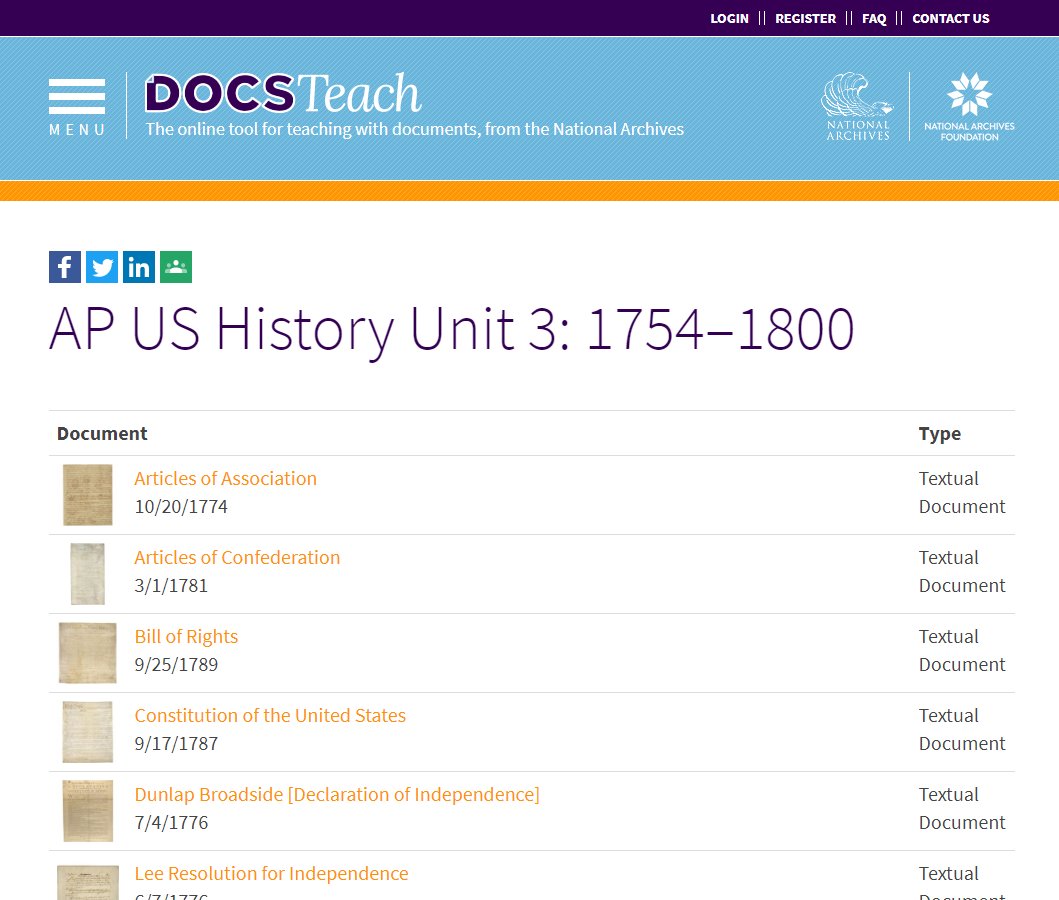 With a free  @DocsTeach account, teachers can even make folders of highlight documents for each Unit. Or just share these links of select documents, like this one for  #APUSH Unit 3: 1754–1800  https://www.docsteach.org/shared-documents/favorite/MTgwNjk= More Units via  @DocsTeach.