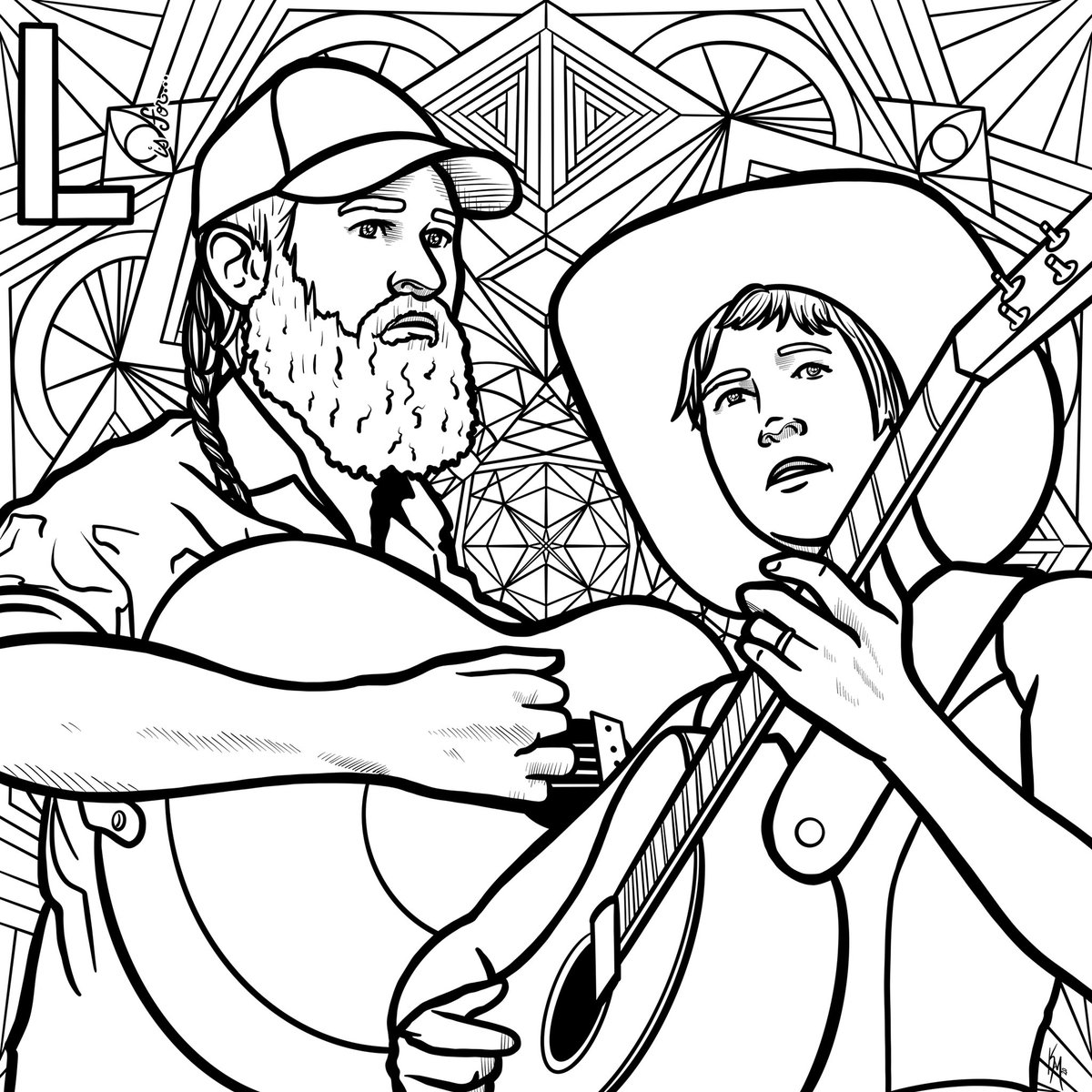 L is for The Lowest Pair (@TheLowestPair if you want to look them up here) #musicalalphabet #quarantinecreating #quarantine #art #quarantineart #illustration #drawing #thelowestpair #music #banjo #bluegrass #folk #indie #americana #coloringpage #coloringbook