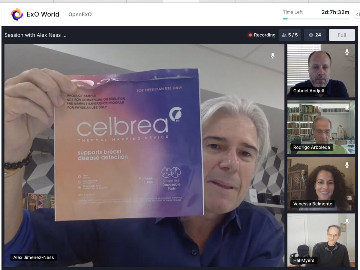 FNGhadaki's tweet photo. Alex Ness of @welwaze showing the Celbrea Thermal Mapping Device (TMD) at #ExOWorld breakout session:
Non-invasive #BreastHealth tool—detection and prevention
Done clinical trials with 5,000 patients
99% negative predictive value
Targeting below $50
#Breast #BreastCancer https://t.co/0gZLbXHJrE