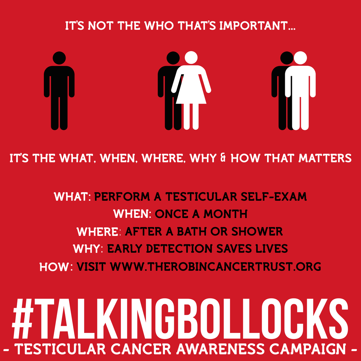 RCTcharity's tweet photo. Whether you're going solo, or your partner is giving a helping hand - learn how to check for the signs &amp; symptoms of testicular cancer once a month: https://t.co/BLMgvJqAAc 🍒

#TalkingBollocks https://t.co/DPC90m0uiE