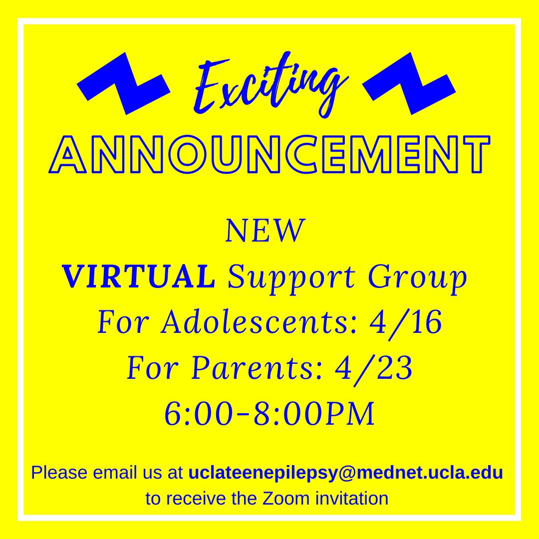Adolescent Epilepsy Center at UCLA (@aecatucla) on Twitter photo NEW VIRTUAL support group:
👧🏽Adolescent Support Group: 4/16 4/30 5/14
🧔🏽Parent Support Group: 4/23 5/7 5/21
⏰ 6:00-8:00pm via ZOOM
🌟Please email uclateenepilepsy@mednet.ucla.edu to RSVP and to receive the official meeting ID for Zoom.
<a href="/uclapedsneuro/">UCLA Peds Neuro</a> <a href="/UCLAMCH/">UCLAMattelChildrens</a> <a href="/UCLAHealth/">UCLA Health</a> NEW VIRTUAL support group:
👧🏽Adolescent Support Group: 4/16 4/30 5/14
🧔🏽Parent Support Group: 4/23 5/7 5/21
⏰ 6:00-8:00pm via ZOOM
🌟Please email uclateenepilepsy@mednet.ucla.edu to RSVP and to receive the official meeting ID for Zoom.
<a href="/uclapedsneuro/">UCLA Peds Neuro</a> <a href="/UCLAMCH/">UCLAMattelChildrens</a> <a href="/UCLAHealth/">UCLA Health</a>