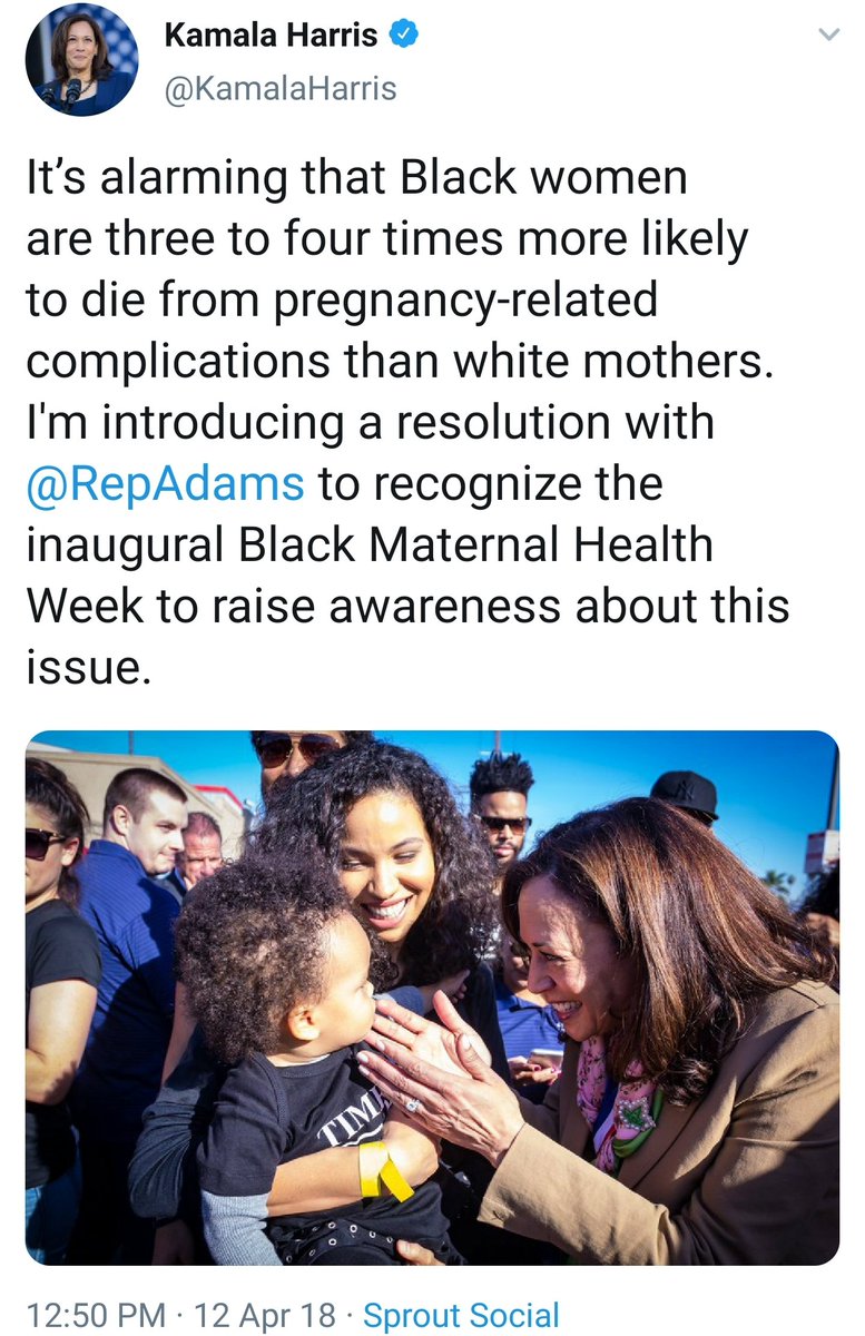 In concert with the Black Mamas Matter Alliance, Sen.  #KamalaHarris Harris and Rep.  #AlmaAdams launched the inaugural (1st)  #BlackMaternalHealthWeek Apr 11-17 2018 with a Senate and House Resolution. 4/
