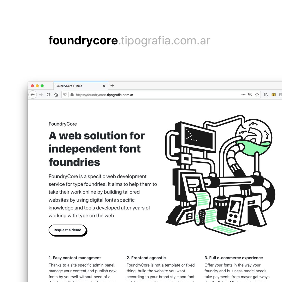 I've been working with type and making sites for a few years, now I launched a specific web development service for foundries. The system allows to automate a lot of things that speeds up the creation of family pages, font testers, glyphset viewers, e-commerce.