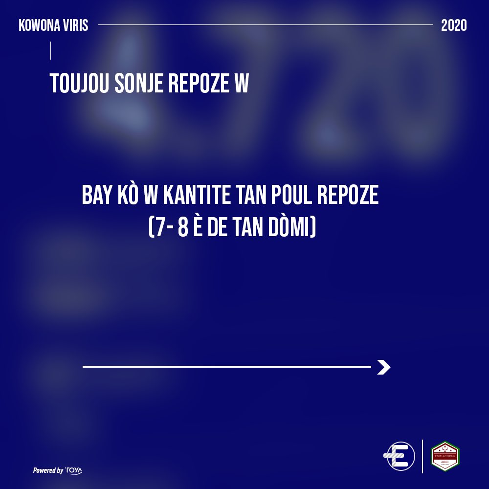 unilacopsa's tweet photo. KOWONAVIRIS PA YON JWÈT SE BARE POU NOU BARE L

Toujou kontinye pran swen tèt ou pou ka rete an sante

Epi respekte konsiy ijyèn yo. 

#COVID19Pandemic #Haiti #Unilacopsa #EphataMedic #BareKowonaviris https://t.co/489CRNJ2fL