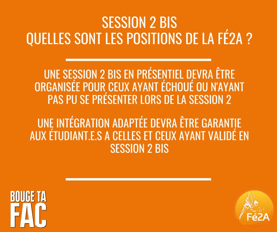 - Des contrôles sur les enseignements effectués en présentiel
- Les conditions d’examens doivent s’adapter au plus grand nombre 
- Une session 2 bis doit être mise en place en présentiel, afin de laisser une 3e chance aux étudiant.e.s