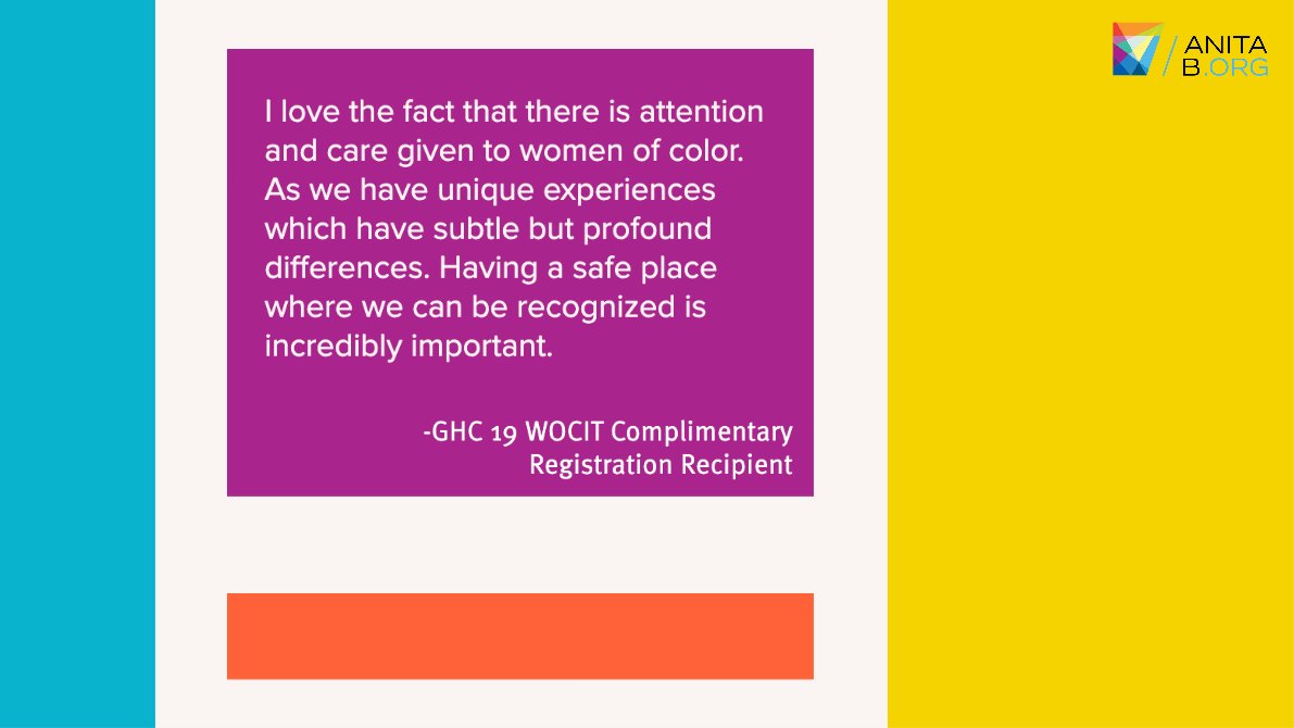 Apply now for the #GHC20 Women of Color in Tech Complimentary Registration! You'll get to to attend this year's Celebration, build your network, and gain knowledge and resources. Learn more about eligibility requirements and apply here: bit.ly/2IDAE82 #AnitaB