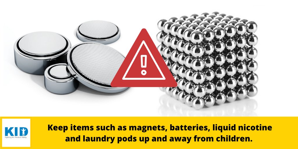 kidsindanger's tweet photo. #SafeTipTuesday: Keep items such as magnets, batteries, liquid nicotine and laundry pods up and away from children. If ingested, they can cause severe internal injury to children. https://t.co/tPvIG57cXk