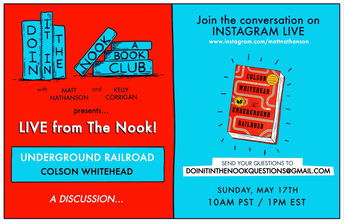 doinitinthenook's tweet photo. alright nookers... we are moving the date by a week (sorry mother’s day people!)

switching the date of the next discussion (for colson whitehead’s “the underground railroad”) to MAY 17TH!! 

see you then (in the nook).

@mattnathanson &amp; @corrigankelly https://t.co/X8Eqvc7Ws6