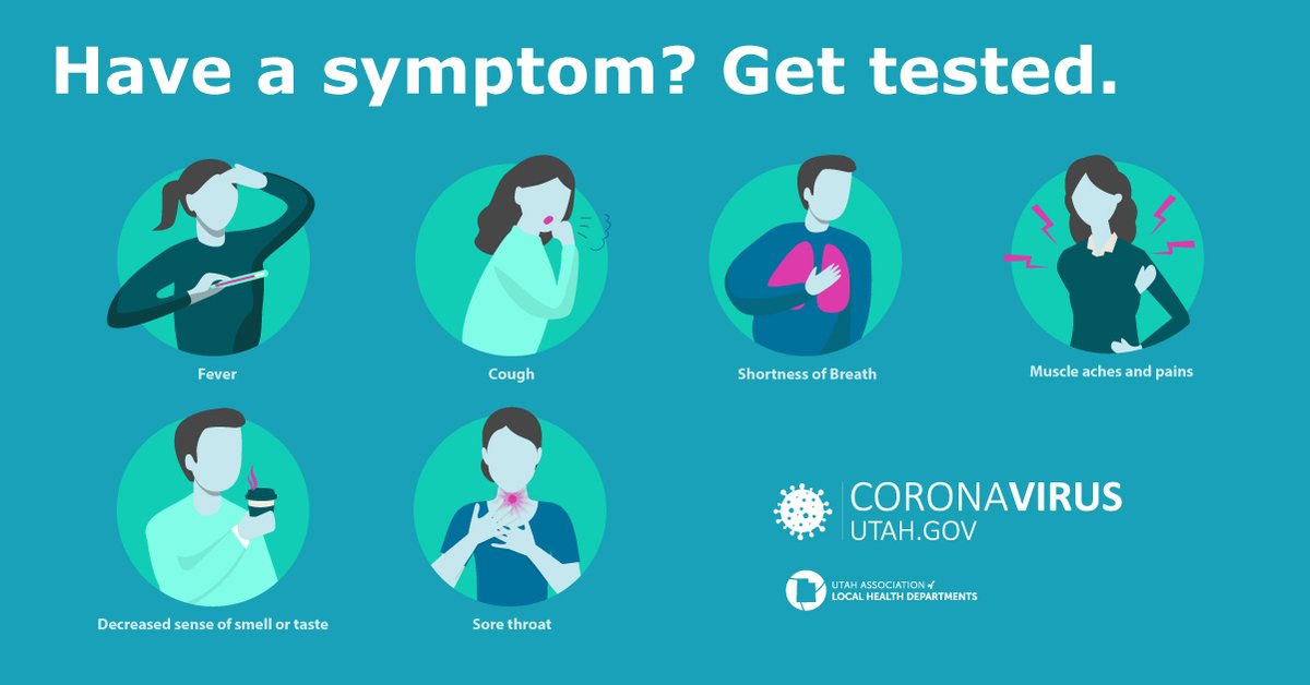 UtahDHHS's tweet image. If you have ANY of these symptoms, you should be tested for #COVID19. Head to coronavirus.utah.gov/testing-locati… or testutah.com to find a testing site near you.