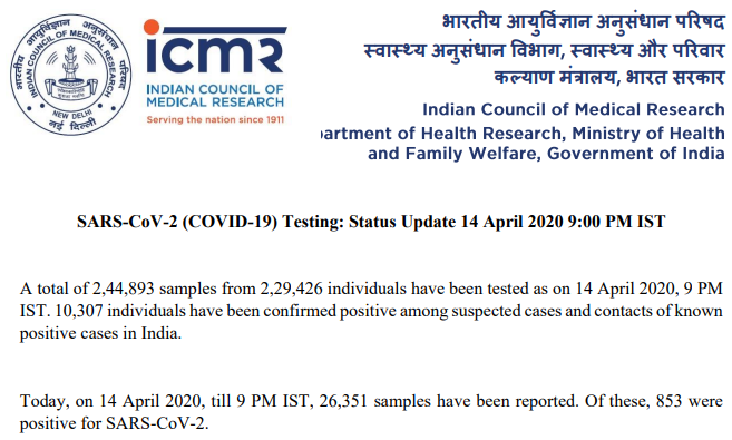 UPDATE - 14 April 9:00 PMTotal Tests = 244893Total Individuals = 229426Total +ve = 10307Daily countTests = 26351+ve = 853