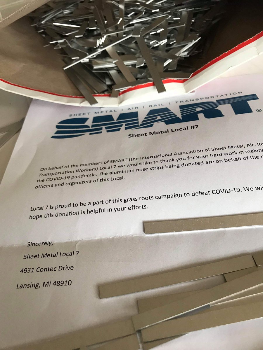johnthomascole1's tweet image. This is what being part of a union is all about. It’s part of being a community. @Local7Smart along with @smartunionworks and @smpartners are sending these nose pieces free of charge to anyone who is making face masks. #Solidarity #union #COVID19