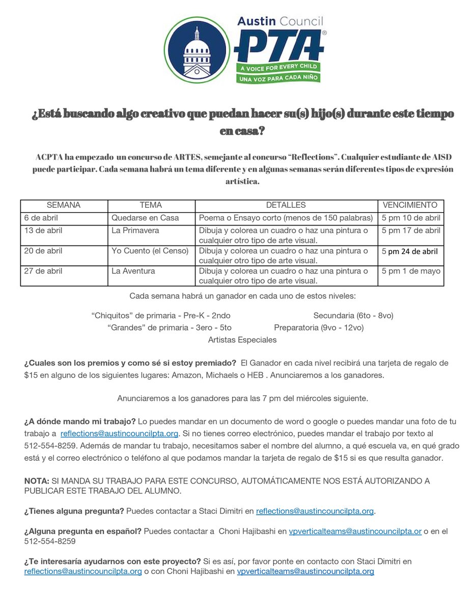 Looking for something creative for your kids to do during this time at home?

Austin Council of PTAs (@AustinPta) is starting an ARTS contest. Any AISD student can participate 🎨🖌📷🖍✏️

See the flyers for more information:

#AISDProud #AISDAtHome #AISDGameChangers