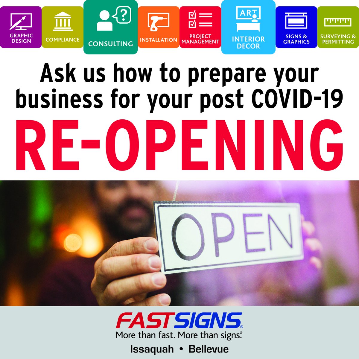 The skilled team at Fastsigns Bellevue/Issaquah can help prepare you for the re-opening of your business with effective and eye-catching signage. Call or email today to get started #covid19 #beprepared #reopen