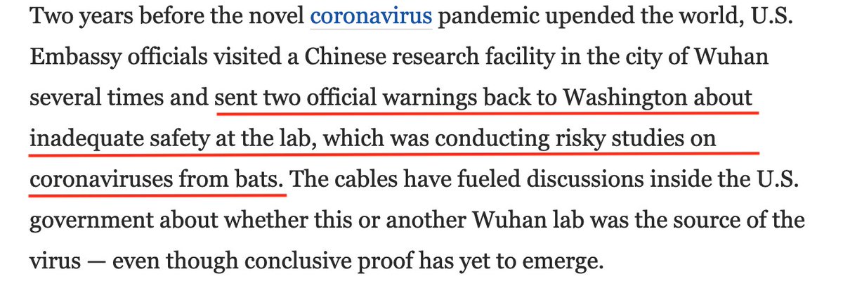 In other words, the Trump Admin has known - without even touching the intelligence community's classified sources and methods - about risk of major pandemic from Chinese labs.