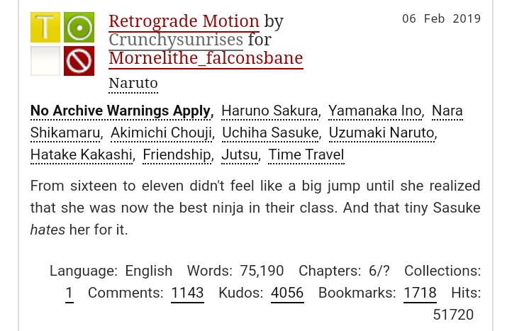 Retrograde Motion by Crunchysunrises https://archiveofourown.org/works/12566900 BAMF Sakura Time Travel AU 