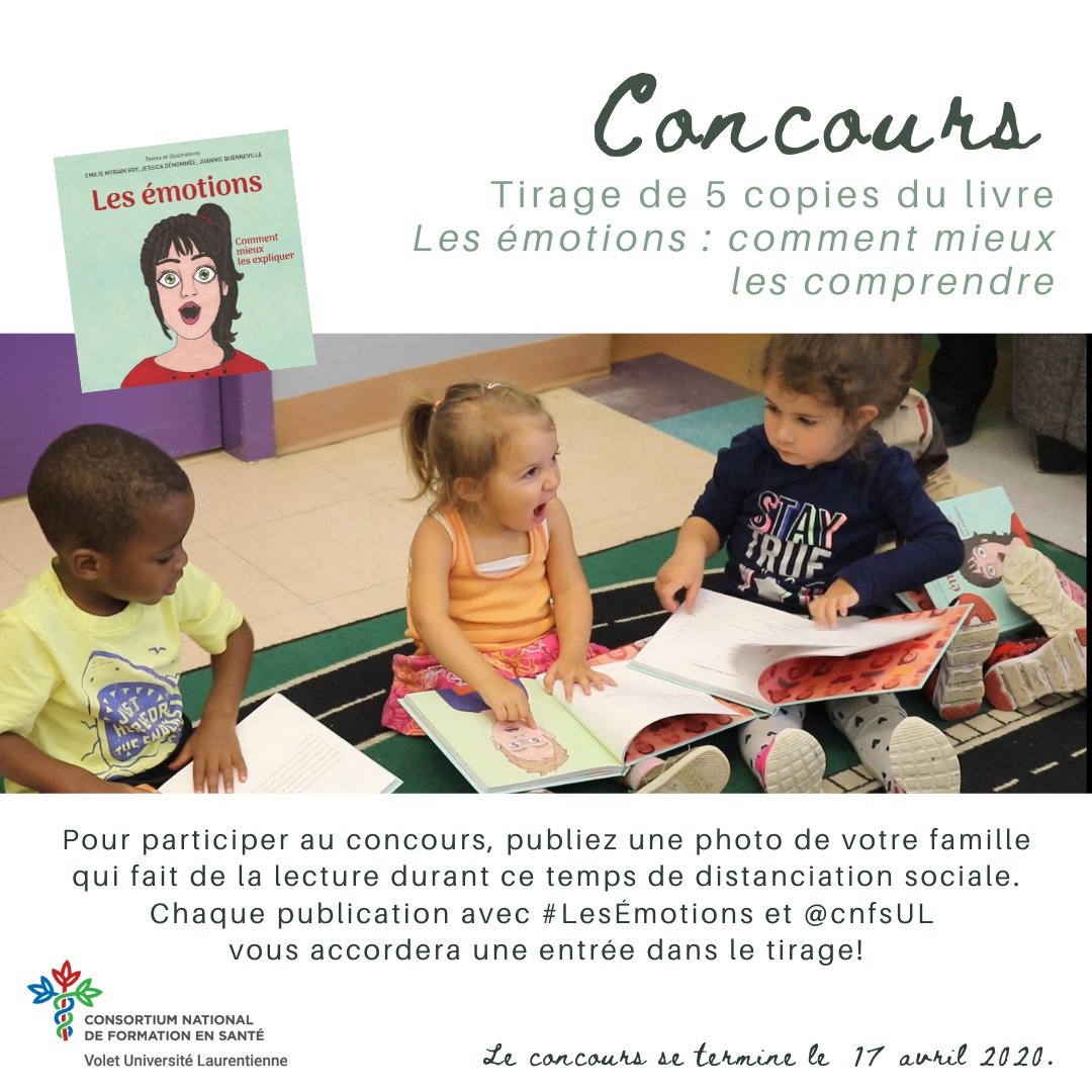 Nous avons 5 copies du livre Les émotions : comment mieux les comprendre à tirer 🤗 

Vous n'avez qu'à publier une photo de votre famille qui fait de la lecture durant ce temps de distanciation sociale avec #LesÉmotions et <a href="/cnfsUL/">cnfsUL</a> pour vous inscrire au tirage.