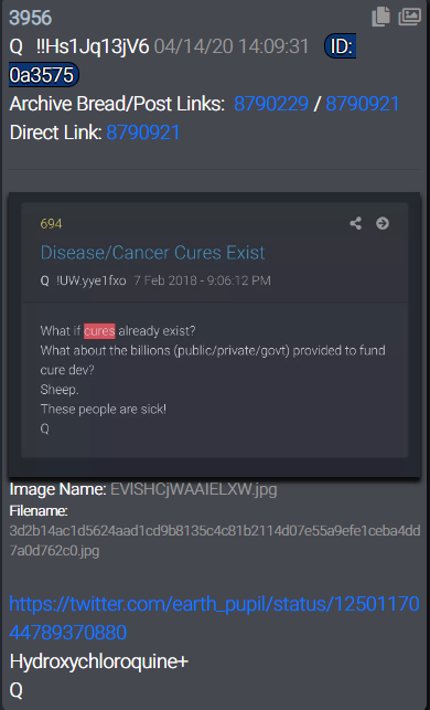  #QAlert 4/14/20 Q3956 https://twitter.com/earth_pupil/status/1250117044789370880Hydroxychloroquine+Q
