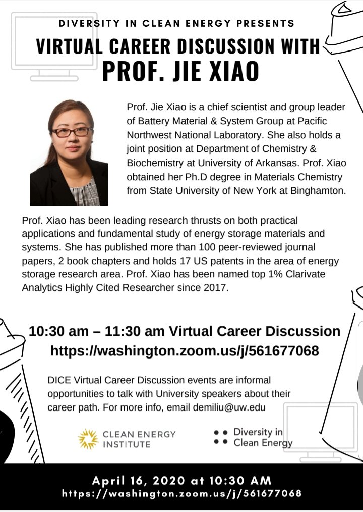 ECSatUW's tweet photo. DICE presents Virtual career discussion with Prof. Joe Xiao! WHEN: April 16th (10:30 - 11:30 am) Sounds like an amazing opportunity for us electrochemistry nerds! https://t.co/RoRweYIZRu