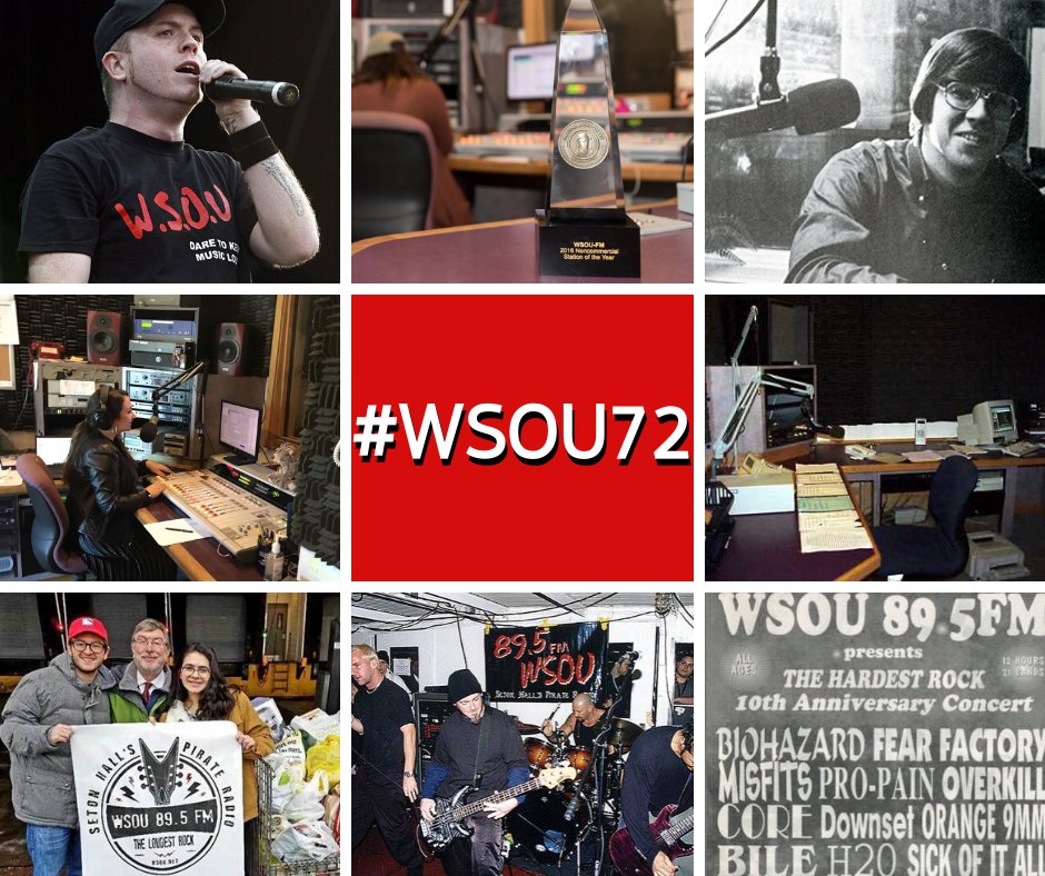 WSOU's tweet photo. Today we celebrate 72 years since going on air in 1948. No collage could ever hold enough images to display the full magic of this station. Huge thank you to our loyal listeners for sticking around for so long. We're looking forward to many more years! Cheers to #WSOU72 🤘🖤❤️ https://t.co/udD8j1x5sK