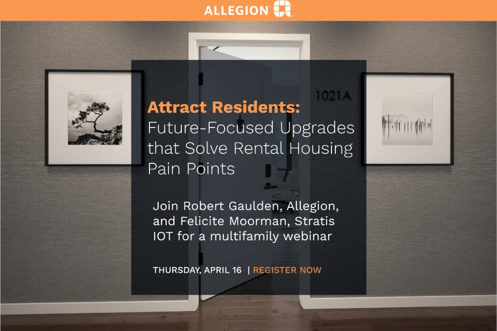 AllegionUS's tweet photo. Curious how you can use mobile access control to improve renters’ experiences as well as your bottom line? Register for the next @NAAhq webinar this Thursday featuring Allegion and @STRATISIoT here: https://t.co/BhJdAIR7ox #webinar #StratisIoT #NAA https://t.co/u9ikGVoxYl