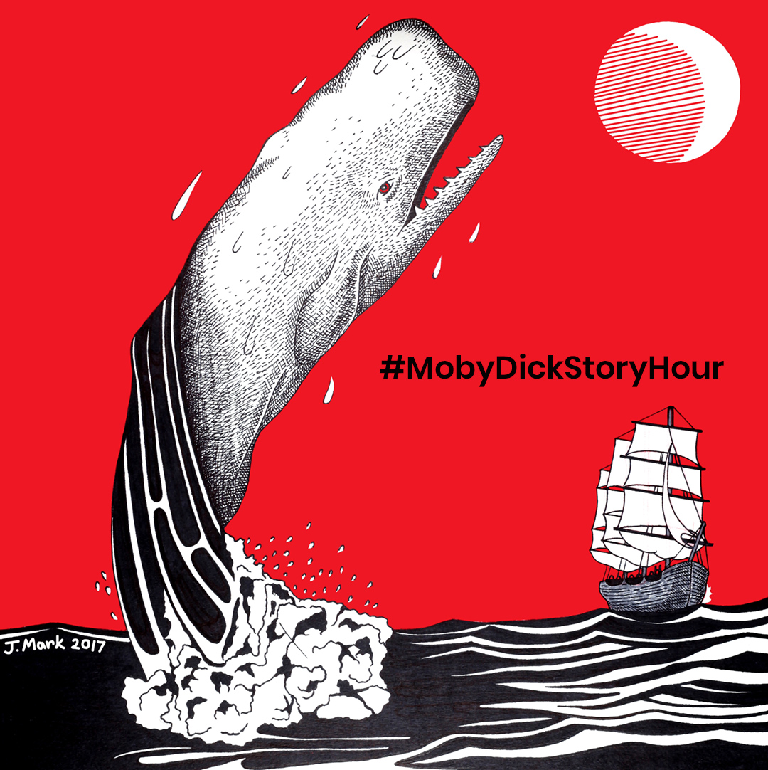 A re-imagined #museumfromhome version of the Whaling Museum's beloved Moby-Dick Marathon begins 4/17! Follow along with #MobyDickStoryHour on YouTube. Details on nightly readings &amp; how to become a reader (DEADLINE 
 4/15) here:  ow.ly/wVtB50ze2mm (Illustration: Jacob Mark.)