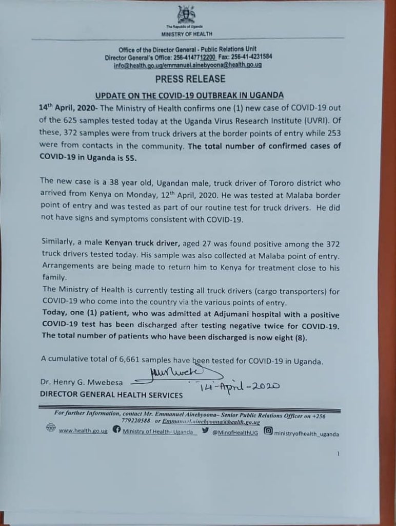 MinofHealthUG's tweet image. 🔺1 new case confirmed for COVID-19, today. 
🔸New case is a 38 year old Ugandan male, cargo transporter who arrived from Kenya via Malaba on 12/04/2020
🔹As of today, Confirmed Cases of COVID-19 stand at 55 in Uganda 
🔸8 discharges for COVID-19, to-date.