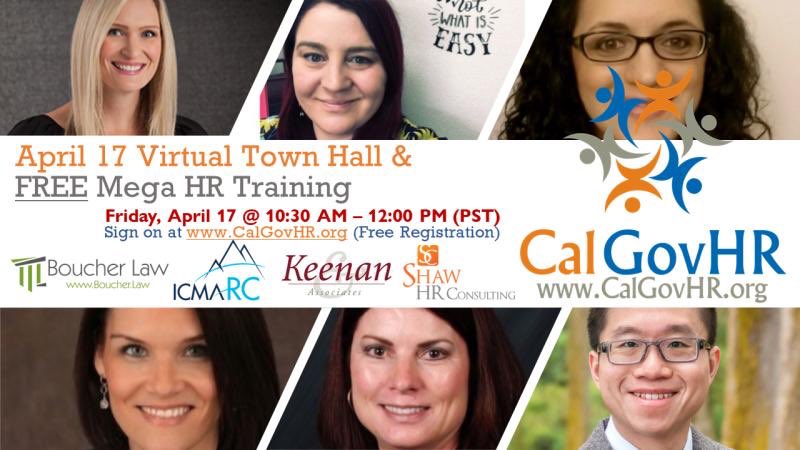 Have you signed up for this Friday's FREE CalGovHR Mega HR Training &amp; Virtual Townhall meeting? Register for free here: lnkd.in/gjzX-9t. #CalGovHR, #CalGovHR2020, #BoucherLaw, #FreeHRTraining, #VirtualHRTraining, #COVID19, #coronavirus