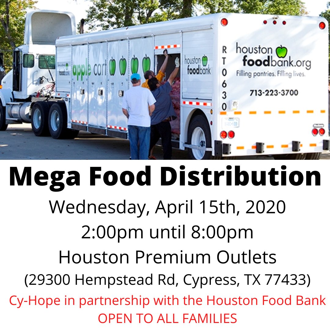 CyFairISD's tweet photo. Join @CyHopeTX and the @HoustonFoodBank for a Mega Food Distribution tomorrow (April 15) from 2-8 p.m. at @HOUPremOutlets, open to all families without qualifications. Volunteers are needed; register at https://t.co/WzdyLoxuCh. #CFISDspirit #CFISDforAll https://t.co/JwbjbTiMj5