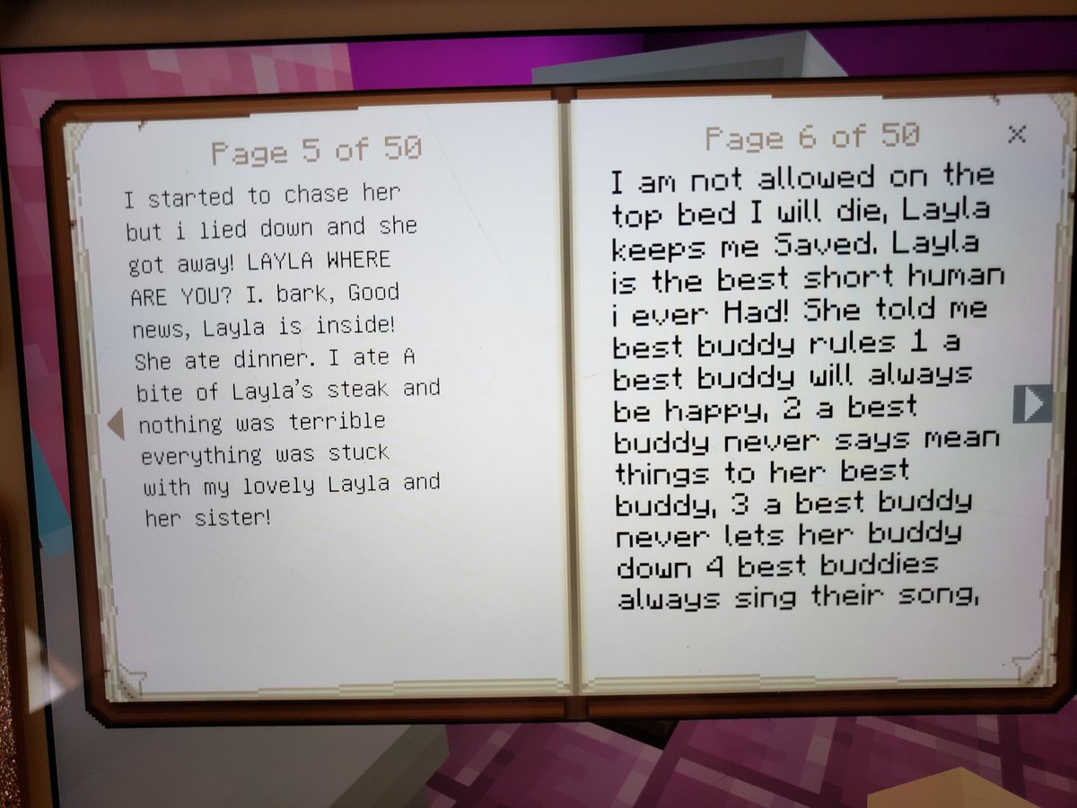 TheGingerarchy's tweet image. Amidst all the absolute fucking chaos of this pipe issue and the cleanup and coronavirus and the world shutting down, I have discovered that my 8 year old has been keeping a series of diaries in Minecraft, written from the perspective of her autism support dog
