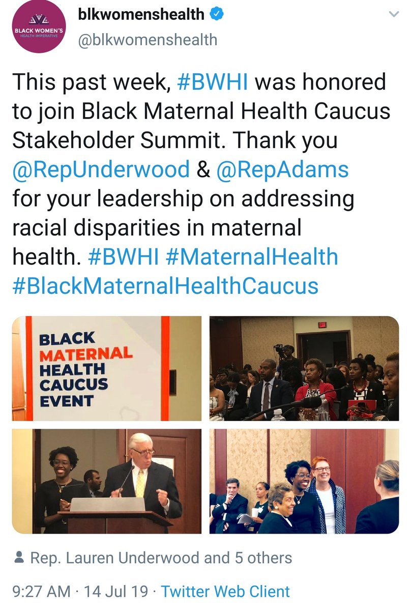 In July 2019 Rep. Alma Adams and Rep. Lauren Underwood convened 32 organizations for their Black Maternal Health Stakeholder Summit. More details   #BlackMaternalHealthWeek 10/ https://twitter.com/RepUnderwood/status/1149672307977154560?s=19