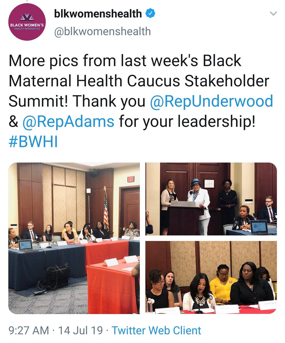 In July 2019 Rep. Alma Adams and Rep. Lauren Underwood convened 32 organizations for their Black Maternal Health Stakeholder Summit. More details   #BlackMaternalHealthWeek 10/ https://twitter.com/RepUnderwood/status/1149672307977154560?s=19