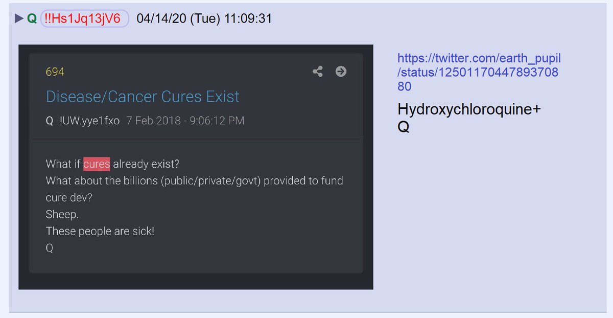 50) In a previous post, Q noted that cures for diseases are sometimes concealed because it's more profitable to sell us a lifetime of treatment than a one time cure. Hydroxychloroquine is cheap and effective therefore, the technocratic establishment would naturally oppose it.