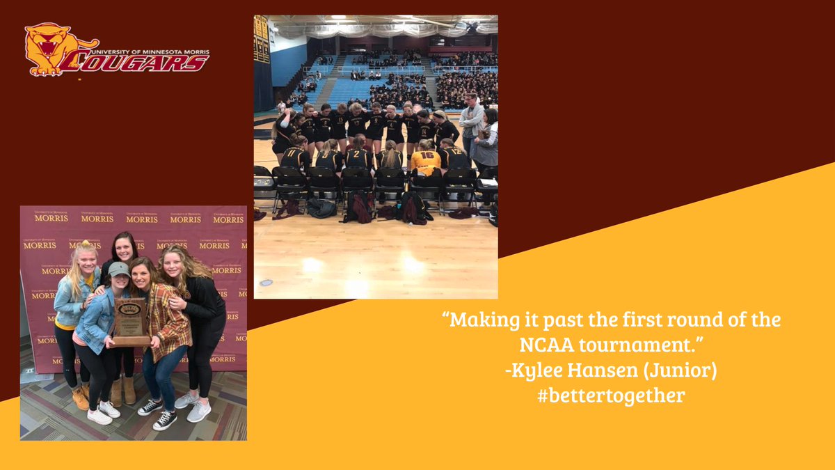 morris_saac's tweet photo. Kylee Hansen and Tori Everson (@UMMVolleyball) share how making it to the NCAA tournament in volleyball is one of their favorite cougar memories! #WhyD3 #D3Week #bettertogether https://t.co/jmITdBZxVW