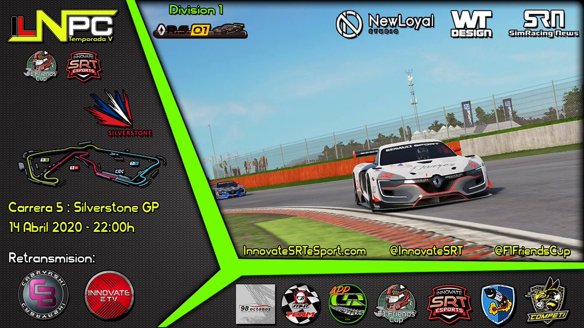 Abrimos la 5a jornada d carreras de la #ILNPC en el #SilverstoneGP con la #DivisionMeganeRS01
Volvemos con una carrera larga q te va a contar en directo @ISRT_Cabayashi a partir d las 22:30h aprox.
No te la pierdas!!
@F1Friendscup 
<a href="/wearteamdesign/">wear_team_design</a> 
<a href="/SimRNews_Es/">Simracing News</a> 
<a href="/NewLoyalStudio/">Newloyal Studio</a>