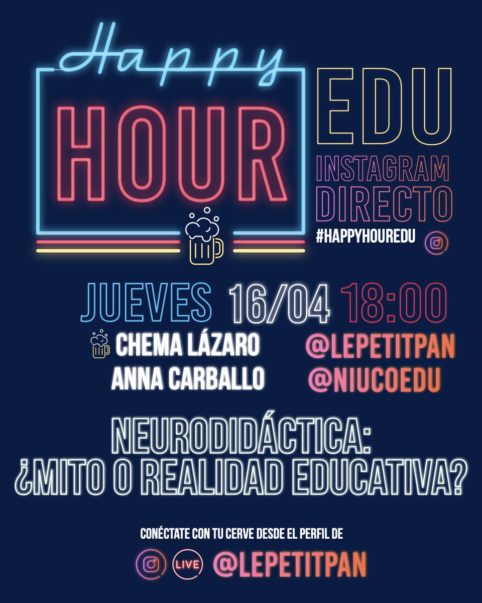 ¡QUE NO CIERREN LOS BARES!
Otro jueves de cañas esta vez con <a href="/anna_carballo_/">Anna Carballo</a> ,psicóloga y doctora en neurociencia,con quien me encanta enfrentar ideas y perspectivas,nos acompañará para debatir de neurodidáctica "el mito".En mi IGPor supuesto sin pelos en la lengua  #happyhouredu