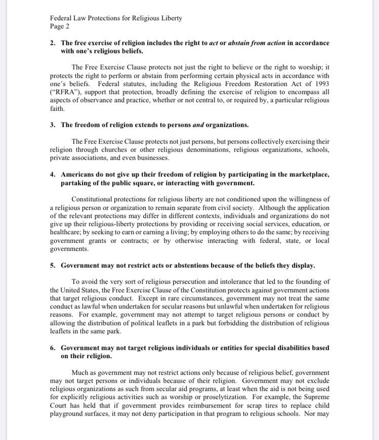 AG BILL BARR: "Government may not impose special restrictions on religious activity that do not also apply to similar nonreligious activity."